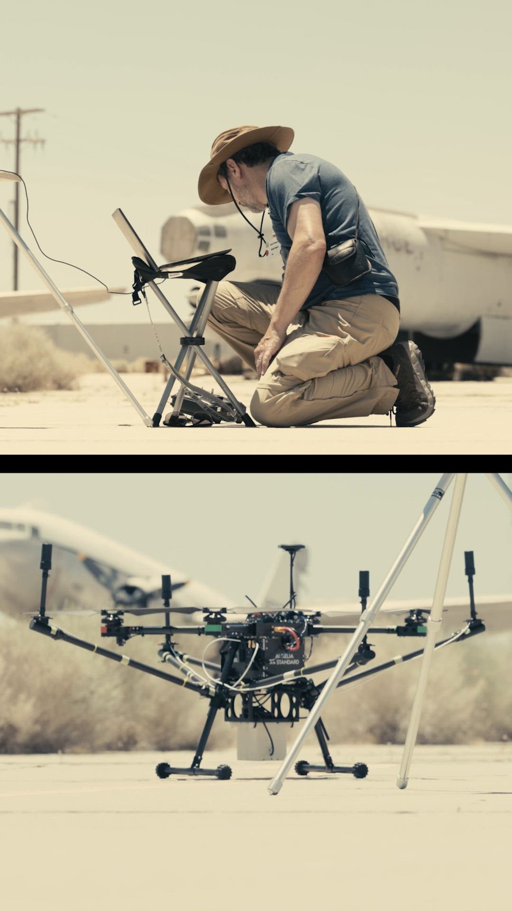 Operator and multirotor during field deployment — BANSHEE acoustic denial